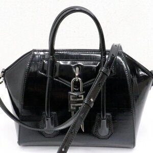 Givenchy Antigona Lock Mini Black Patent Leather Top Handle Bag w/Shoulder Strap